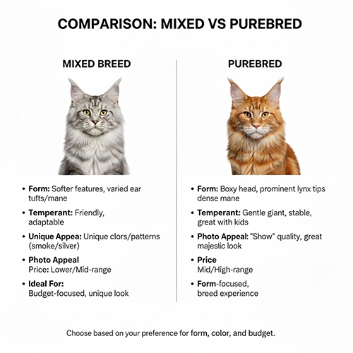 Bảng so sánh trực quan giữa Maine Coon lai và thuần chủng với hình minh họa hai bé mèo đứng cạnh nhau.