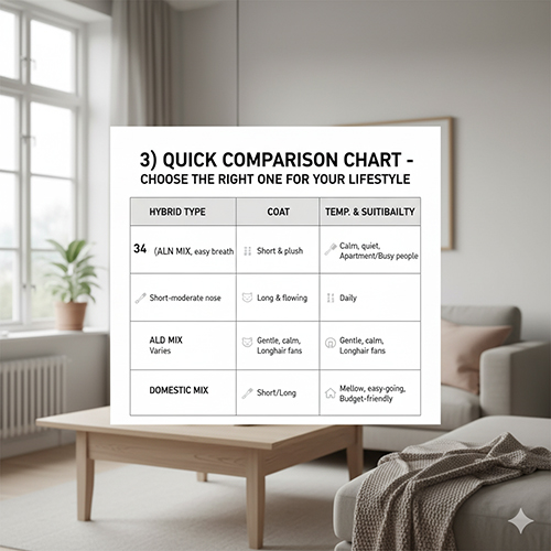 Bảng so sánh các kiểu mèo Ba Tư lai hiển thị trong phòng khách sáng tự nhiên