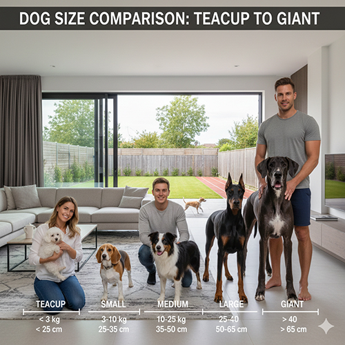 So sánh kích thước chó từ teacup đến khổng lồ đặt cạnh người để dễ hình dung