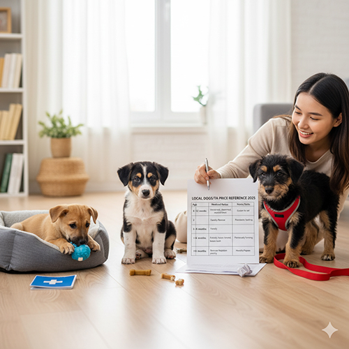 Người phụ nữ đang ngồi bên ba chú chó cỏ con, ghi chú bảng tham chiếu giá chó cỏ/ta theo tuổi, tình trạng y tế và nguồn nuôi.