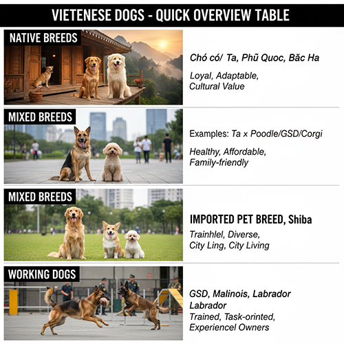 Bảng tổng hợp nhanh về các nhóm chó ở Việt Nam gồm bản địa, lai nội ngoại, cảnh nhập và nghiệp vụ với hình minh họa từng loại