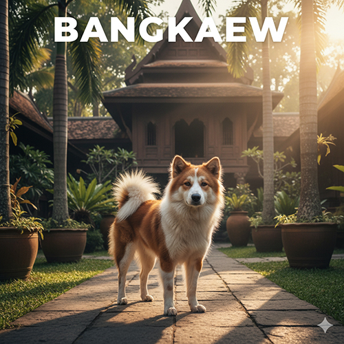 Chó Bangkaew Thái Lan đứng trước ngôi nhà gỗ truyền thống, nổi bật với bộ lông dày hai lớp và đuôi xù đặc trưng