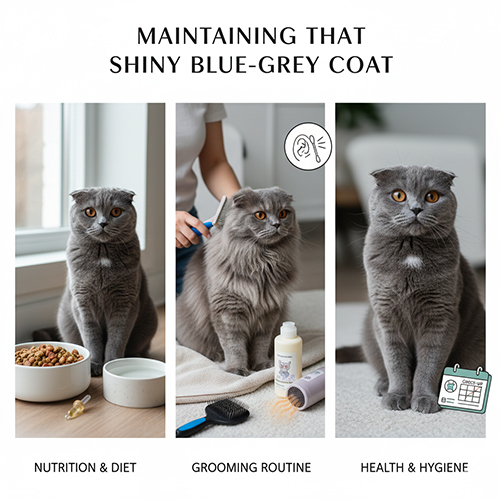 bộ ba ảnh mèo scottish fold xám hướng dẫn dinh dưỡng chải tắm sấy và vệ sinh tai để lông xám mượt bóng
