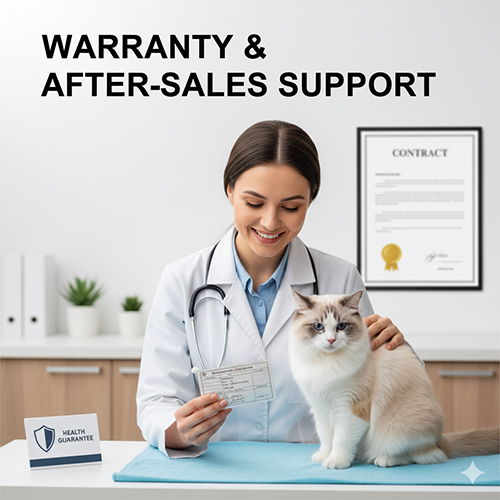 Bác sĩ thú y kiểm tra mèo Ragdoll và cầm giấy bảo hành sức khỏe, minh họa chính sách bảo hành và hỗ trợ sau bán