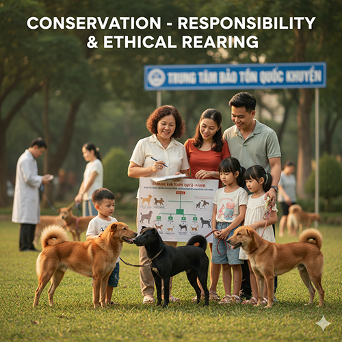 Gia đình Việt cùng chuyên gia trao đổi tại trung tâm bảo tồn quốc khuyển, xung quanh là bốn giống chó Việt Nam – thể hiện tinh thần bảo tồn, trách nhiệm và nuôi dưỡng có đạo đức 🇻🇳🐕