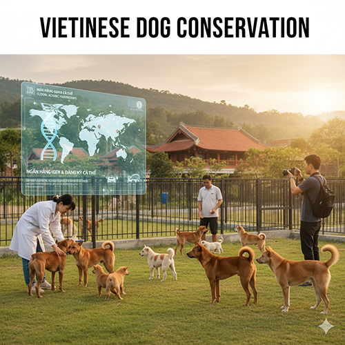 Các nhà nghiên cứu và nhiếp ảnh gia đang làm việc cùng đàn chó bản địa Việt Nam trong khu bảo tồn, hiển thị bản đồ ngân hàng gen thế giới