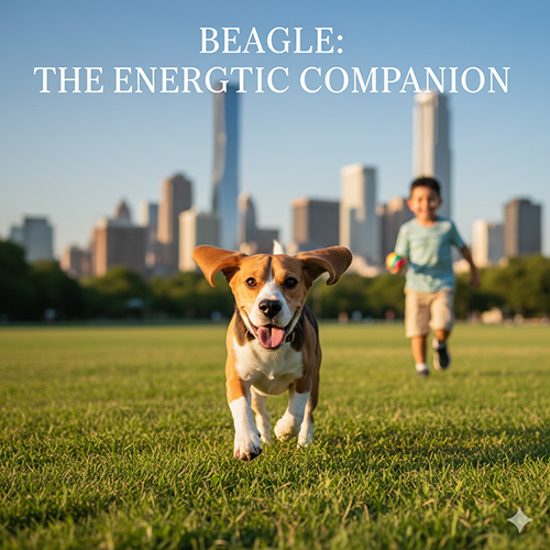 Chó Beagle chạy trên bãi cỏ cùng cậu bé ở thành phố, tai dài tung bay và vẻ mặt phấn khích