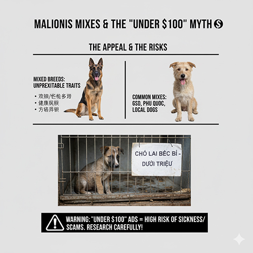 Infographic chó Béc Bỉ Malinois lai và cảnh báo tin rao giá rẻ dưới 1 triệu