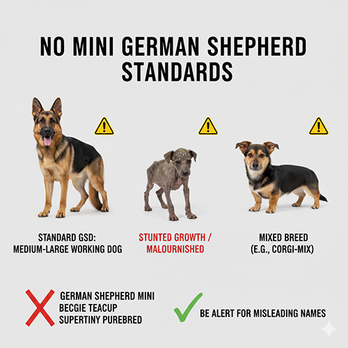 Hình minh họa so sánh Becgie chuẩn, chó còi do suy dinh dưỡng và chó lai thường bị gắn mác “Becgie mini”.