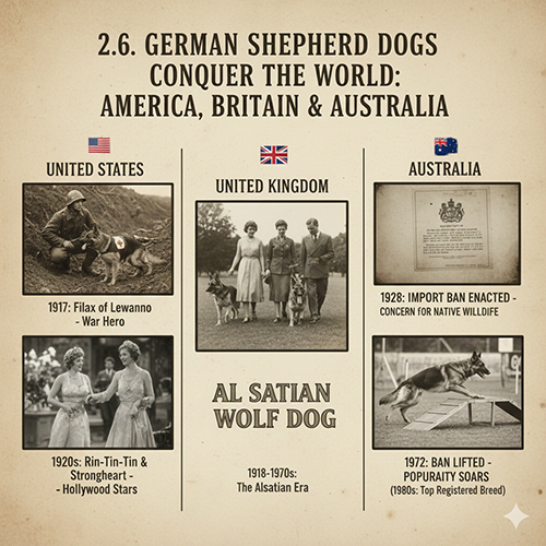 Hình ảnh tư liệu German Shepherd Dog tại Mỹ, Anh và Úc qua các giai đoạn lịch sử đầu thế kỷ 20, gồm Filax of Lewanno, Alsatian tại Anh và giai đoạn cấm – gỡ cấm tại Úc
