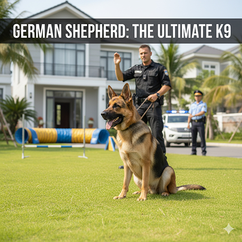 Chó Becgie Đức được huấn luyện viên dắt đi huấn luyện nghiệp vụ trong sân cỏ, phía sau là cảnh sát và chướng ngại vật huấn luyện.