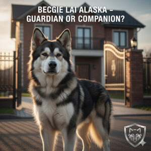 Chó Becgie lai Alaska đứng canh cổng nhà, ngoại hình to khỏe, ánh mắt cảnh giác