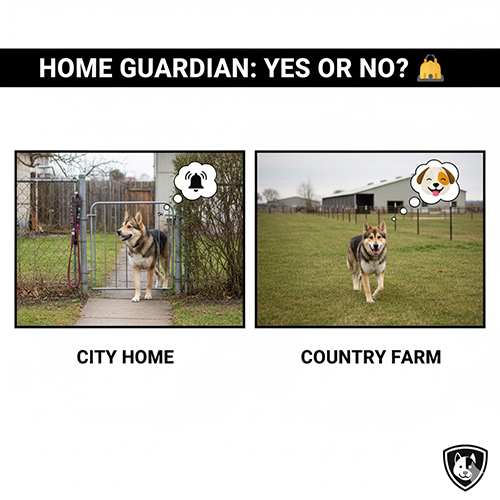 Chó Becgie lai Alaska đứng canh cổng nhà phố và chạy trong không gian nhà vườn, minh họa khả năng trông nhà