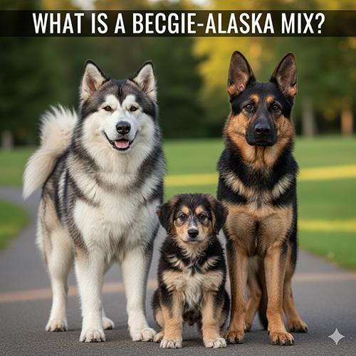 Chó Becgie lai Alaska đứng cạnh chó Alaska thuần và chó Becgie, minh họa sự khác biệt chó lai