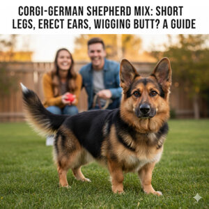 Chó Becgie lai Corgi chân ngắn tai dựng mông quẫy đứng trên sân cỏ trước gia đình