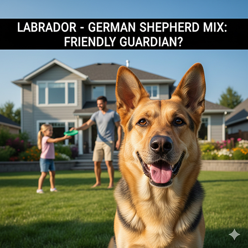 Chó Becgie lai Labrador đứng trước sân nhà cùng gia đình, thể hiện vẻ thân thiện nhưng vẫn có nét cảnh giác