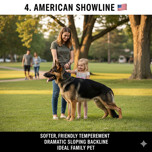 Becgie Mỹ American Showline với dáng lưng dốc mạnh và tính cách thân thiện, phù hợp gia đình