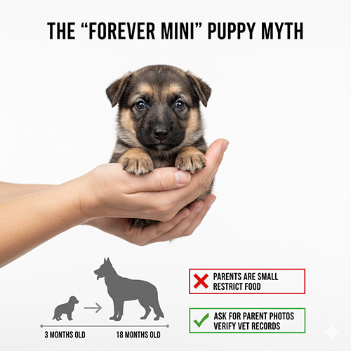 Chó Becgie con vài tháng tuổi được bế trên tay và cảnh báo về hiểu lầm “mini mãi mãi”.