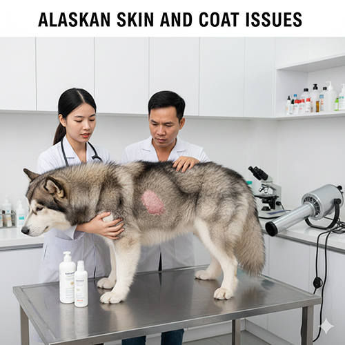 Chó Alaska bị bệnh da lông như nấm, ghẻ, viêm da khi nuôi ở khí hậu nóng ẩm Việt Nam