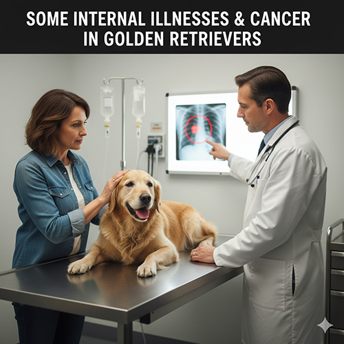 Golden Retriever được bác sĩ thú y kiểm tra – minh họa bệnh nội khoa và ung thư ở Golden