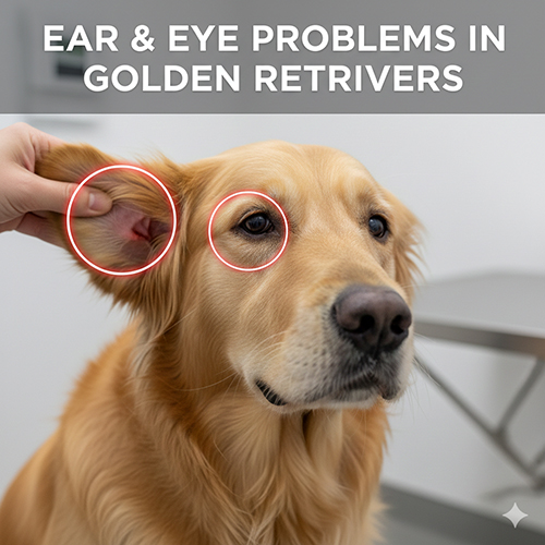 Golden Retriever bị kiểm tra tai và mắt – minh họa bệnh tai và mắt thường gặp