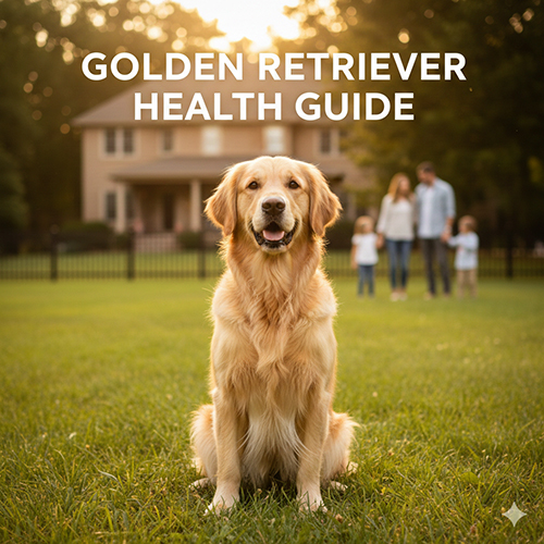Golden Retriever ngồi trên bãi cỏ trước sân nhà – minh hoạ bài viết về bệnh thường gặp ở chó Golden Retriever