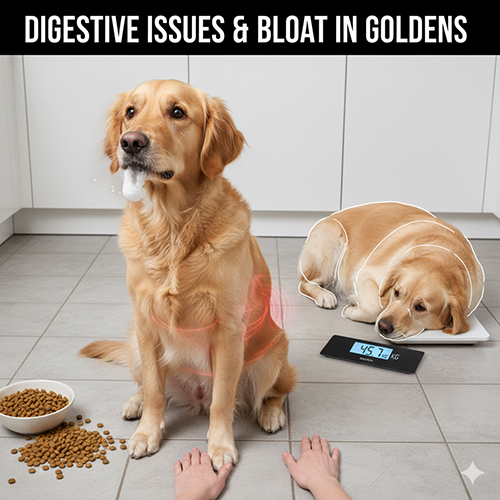 Golden Retriever gặp vấn đề tiêu hóa, nôn bọt trắng và bụng chướng – minh họa rối loạn tiêu hóa, béo phì và xoắn dạ dày