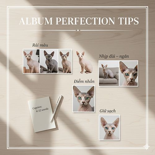 Các ảnh mèo Sphynx được sắp theo mẹo rải màu, nhịp dài ngắn, điểm nhấn và giữ sạch