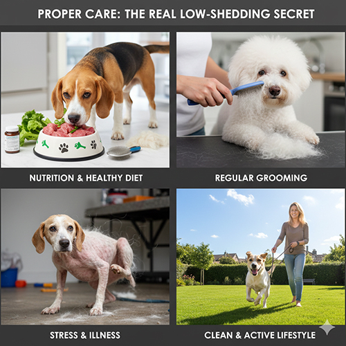 Infographic bí quyết để chó ít rụng lông hơn: dinh dưỡng tốt, grooming đều, giảm stress/bệnh và lối sống sạch – vận động