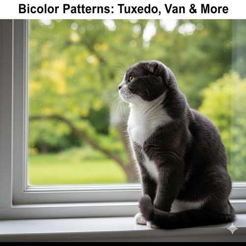 meo scottish fold bicolor dang ngoi ben cua so, co vung nguc trang kieu tuxedo, phong nen vuon xanh