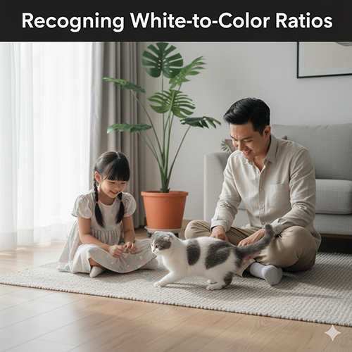 bo va con gai choi voi meo scottish fold bicolor trong phong khach, minh hoa ty le trang mau low white medium white high white