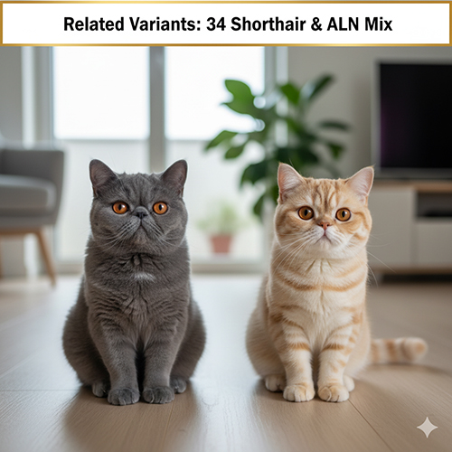 Hai mèo Ba Tư lông ngắn dạng lai ALN và 34 lông ngắn ngồi cạnh nhau trong phòng khách, minh họa biến thể liên quan của Exotic.