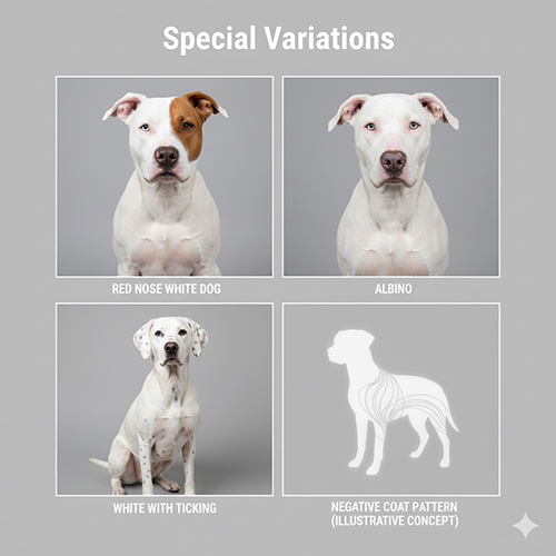 Ảnh minh họa các biến thể đặc biệt của màu lông chó gồm trắng mũi đỏ, albino, trắng có đốm ticking và minh họa negative coat pattern.