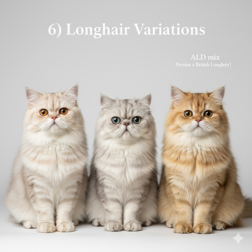 Ba bé mèo Ba Tư lông dài với các biến thể khác nhau, gồm doll-face, peke-face và ALD mix