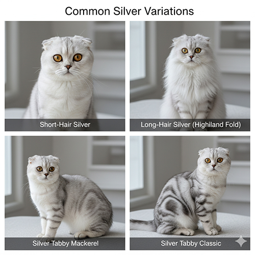 Bốn chú mèo Scottish Fold màu Silver gồm lông ngắn, lông dài Highland Fold, Silver Tabby Mackerel và Silver Tabby Classic ngồi trong ánh sáng tự nhiên