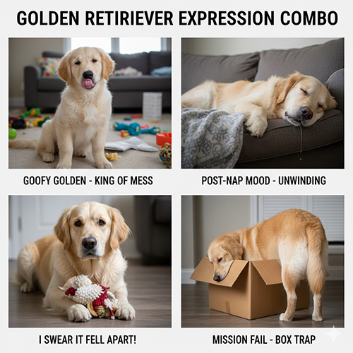 Hình chó Golden Retriever với loạt biểu cảm hài hước: ngồi ngơ, ngủ gật chảy dãi, ngậm đồ chơi và mắc kẹt trong thùng