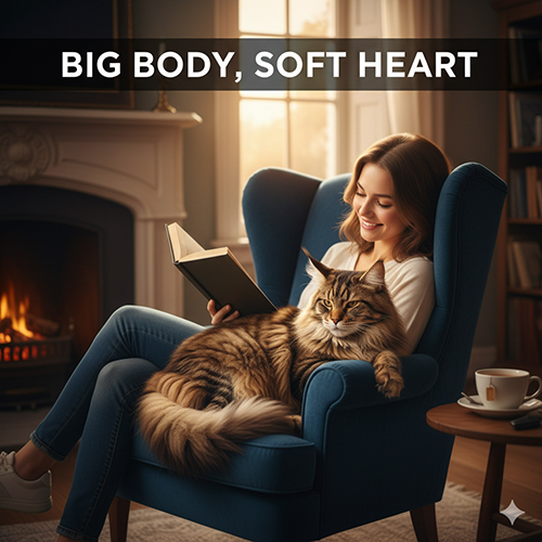 Mèo Maine Coon nằm trên ghế cùng người phụ nữ đang đọc sách trong không gian ấm áp.