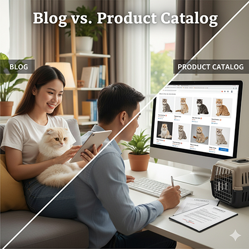 So sánh giữa blog hướng dẫn và danh mục bán mèo Scottish Fold, thể hiện cặp đôi đang tìm hiểu thông tin trên laptop và máy tính