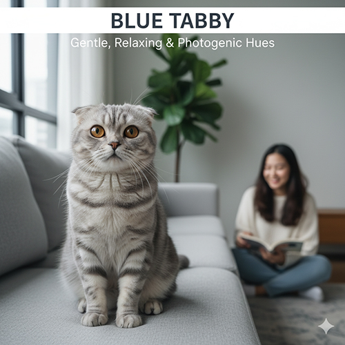 Mèo Scottish Fold blue tabby lông xám xanh ngồi trên sofa, phía sau là cô gái đọc sách trong phòng sáng.