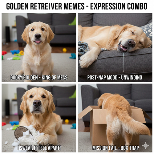 Hình chó Golden Retriever làm trò hài hước: bày bừa, ngủ chảy dãi, xé đồ và chui vào thùng carton
