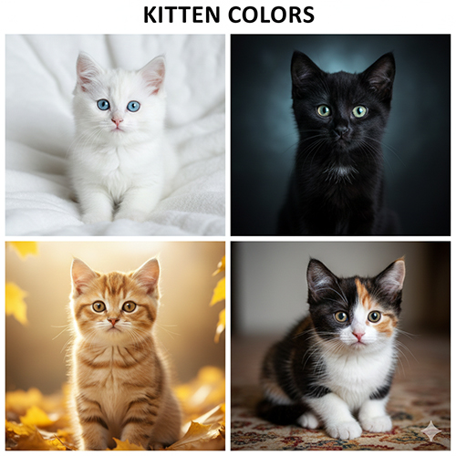 Bộ ảnh mèo con theo màu sắc gồm mèo trắng, mèo đen, mèo vàng và mèo tam thể