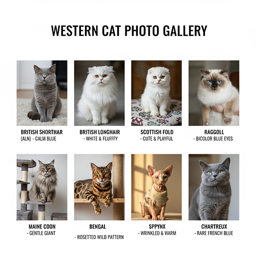 Bộ ảnh các giống mèo Tây phổ biến như Anh lông ngắn Anh lông dài Scottish Ragdoll Maine Coon Bengal Sphynx Chartreux