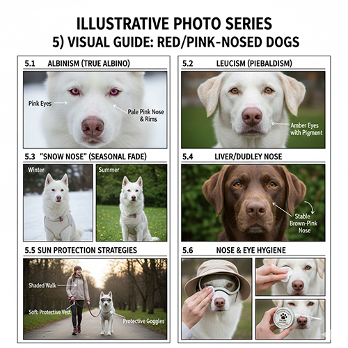 Bộ ảnh minh họa các nhóm chó trắng mũi đỏ/hồng: albinism, leucism, snow nose 2 mùa, liver/dudley; kèm cách che nắng và vệ sinh mũi–mí