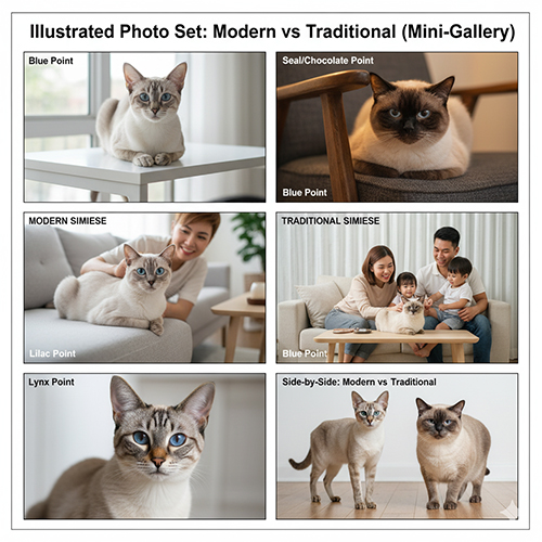 Bộ ảnh minh họa mèo Xiêm hiện đại và mèo Xiêm truyền thống với các màu point khác nhau