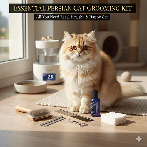 Mèo Ba Tư ngồi cạnh bộ dụng cụ chăm sóc gồm lược, gạc lau mắt, bát ăn, fontain nước, khay cát và máy sấy.