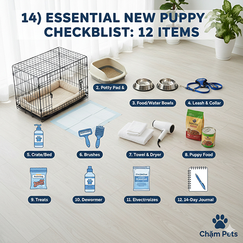 Bộ đồ cơ bản cần chuẩn bị khi đón chó con về nhà gồm lồng khay vệ sinh bát ăn và đồ chăm sóc