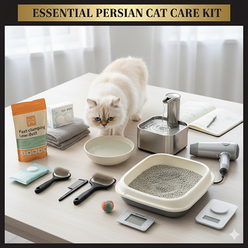 mèo Ba Tư đứng cạnh bộ dụng cụ chăm sóc gồm bát ăn, khay cát, lược, máy sấy và đài nước