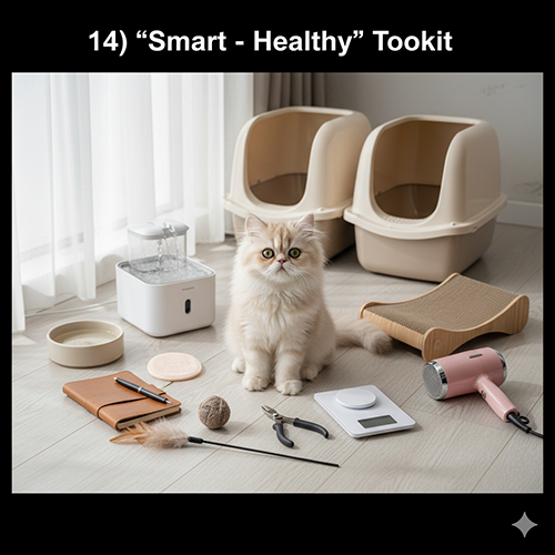 Mèo Ba Tư con ngồi giữa bộ dụng cụ chăm sóc gồm khay cát, máy nước, lược chải, kéo cắt móng, đồ chơi và máy sấy