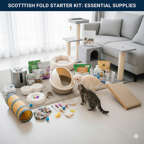 Hai bé mèo Scottish Fold khám phá bộ dụng cụ khởi đầu gồm khay cát, bát ăn, đồ chơi, nệm và vật dụng chăm sóc đầy đủ trong phòng khách.