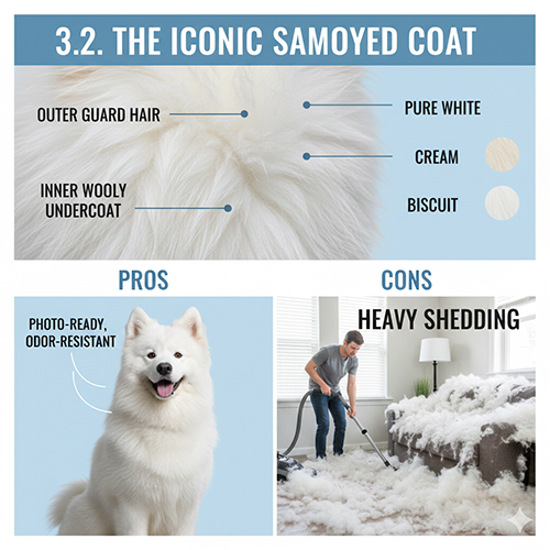 Cấu trúc 2 lớp lông Samoyed và hình minh họa ưu điểm – nhược điểm của bộ lông trắng xù